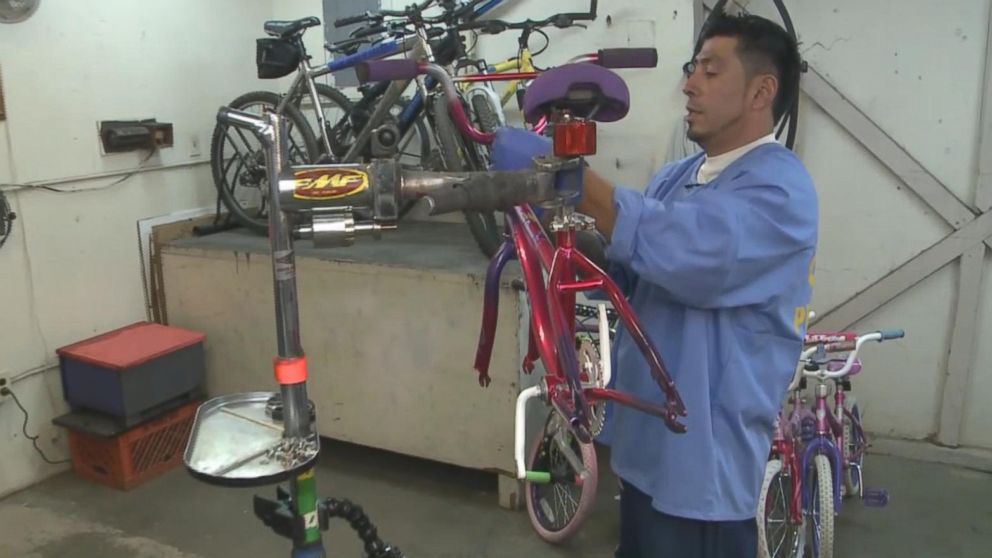 PHOTO: Mauricio Argueta, an inmate at Folsom State Prison in California, has fixed more than 200 bicycles to gift to children and adults in need for Christmas 2016.