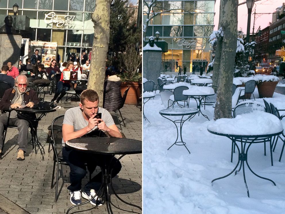 PHOTO: On Feb. 8, 2017, left, New York City reached record-high temperatures in the 60's. By Feb. 9, the city was covered in snow.