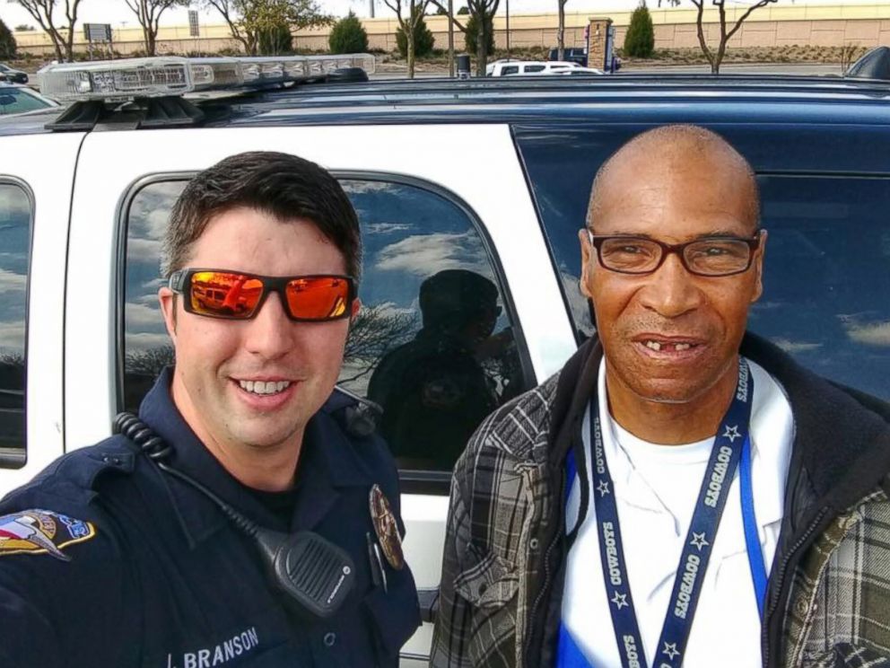PHOTO: Officer Branson of the McKinney Police Department in Texas caught up with Patrick Edmond, who walks about a dozen miles to work five days a week, on Feb. 18, 2017.