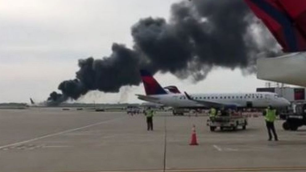 PHOTO: This screengrab from video posted to Instagram shows American Airlines plane on fire at O'Hare International Airport in Chicago, Oct. 28, 2016.