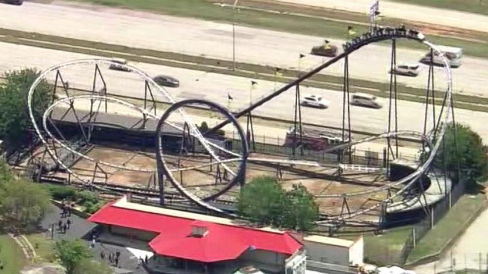 PHOTO:  Riders were stranded on the Silver Bullet roller coaster at the Frontier City theme park in Oklahoma City, Okla., May 4, 2017.