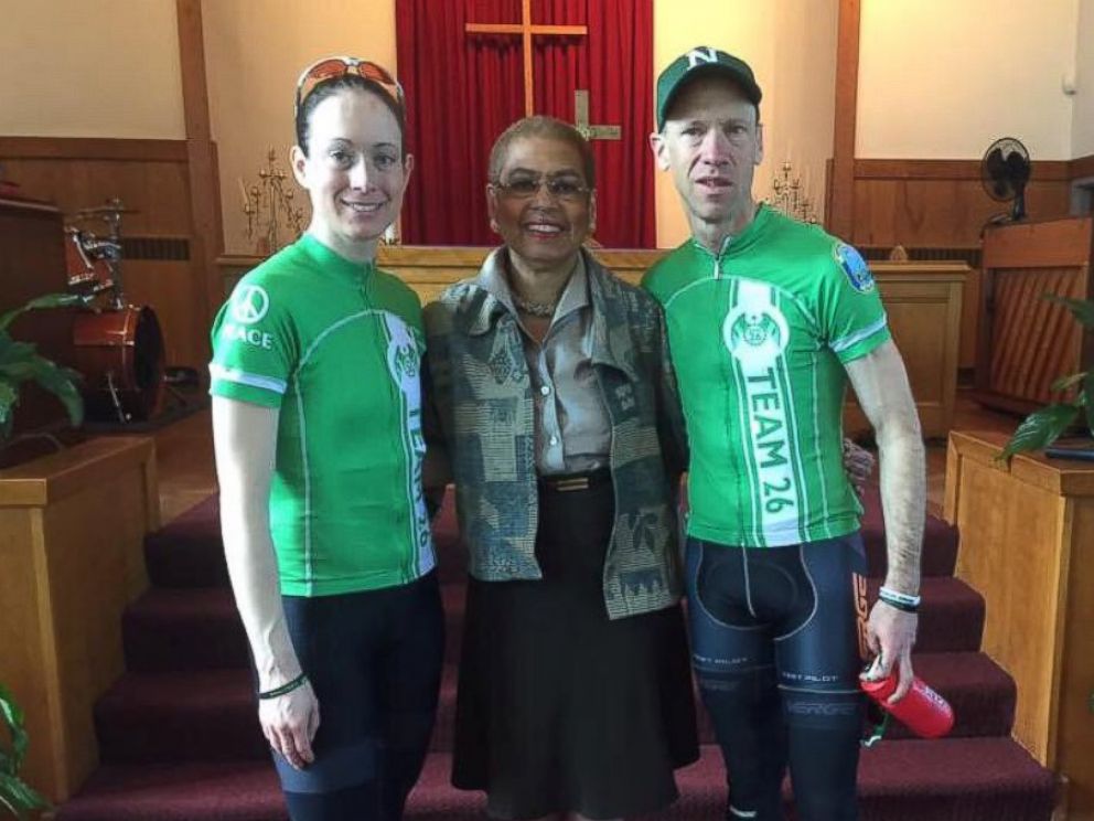 PHOTO: Andrea Myers and Monte Frank pose with Congresswoman Eleanor Holmes Norton during the 2016 Team 26 ride.