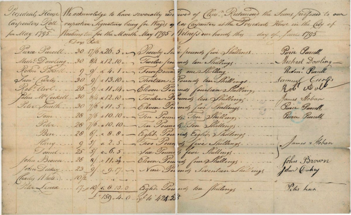 PHOTO: The payroll to slaveowners shows that the government did not own slaves, but that it did hire them from their masters. Slave carpenters Ben, Daniel, and Peter were noted as owned by James Hoban.