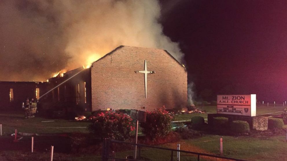 A fire broke out at the Mt. Zion AME Church in Greeleyville, South Carolina, June 30, 2015.