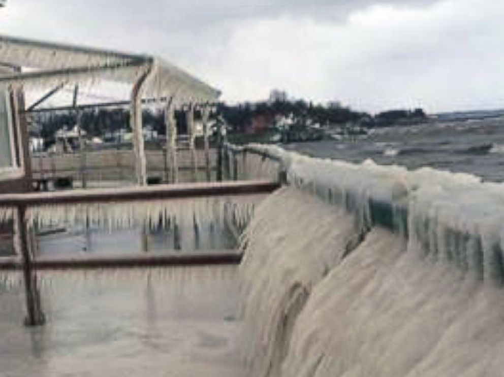 PHOTO: Water from Lake Eerie froze over on the deck of Hoak's Lakeshore Restaurant in Hamburg, N.Y. Sunday night and Monday morning.