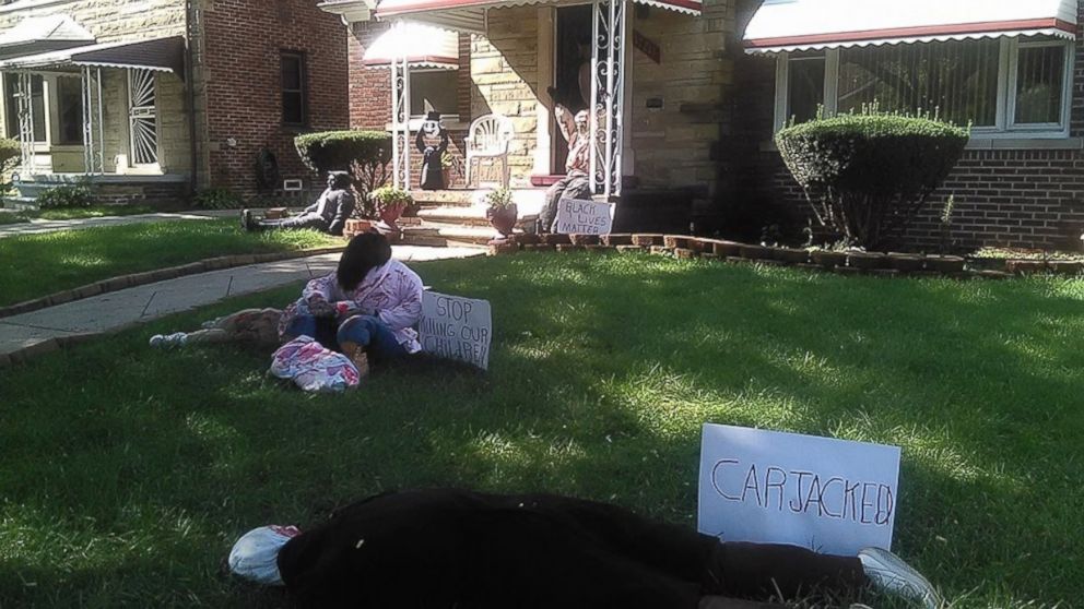 PHOTO: LaRethia Haddon, 56, has decorated the yard of her Detroit home for Halloween with scenes that depict real-life horrors like a shooting and the Flint water crisis.