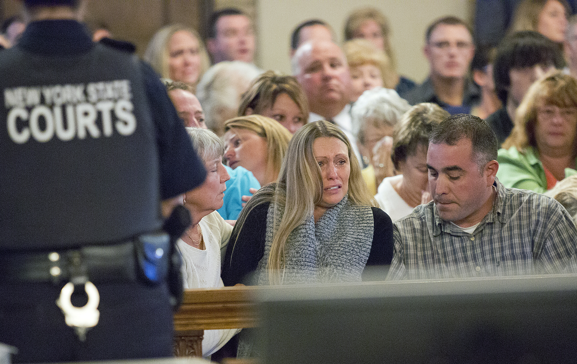 PHOTO: Garrett Phillip's mother, Tandy Collins, cries as she hears the not guilty  verdict from judge Judge Felix Catena Wednesday, Sept. 28, 2016, at the St. Lawrence County Courthouse in Canton, New York.