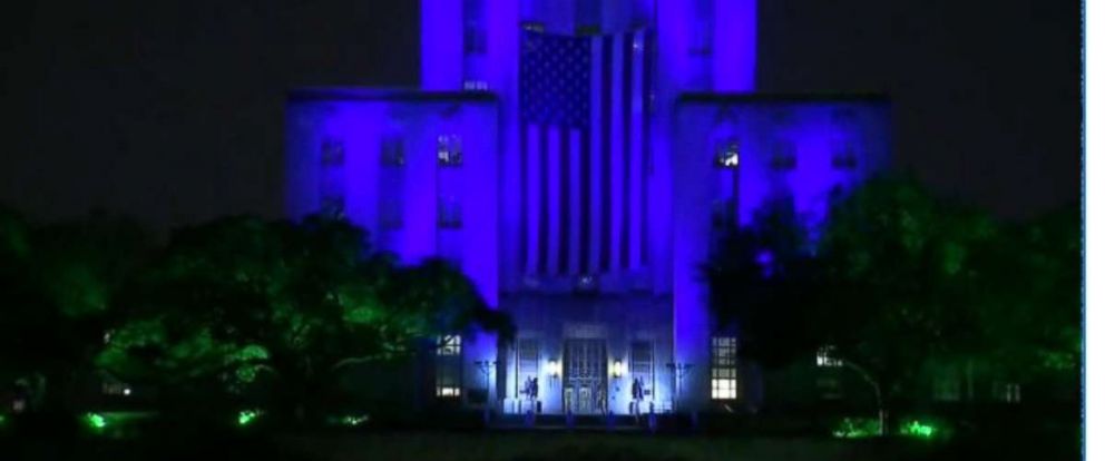 PHOTO: Houston’s City Hall building lit up in blue, Bush’s favorite color, as a part of a multi-day tribute to her on Wednesday.