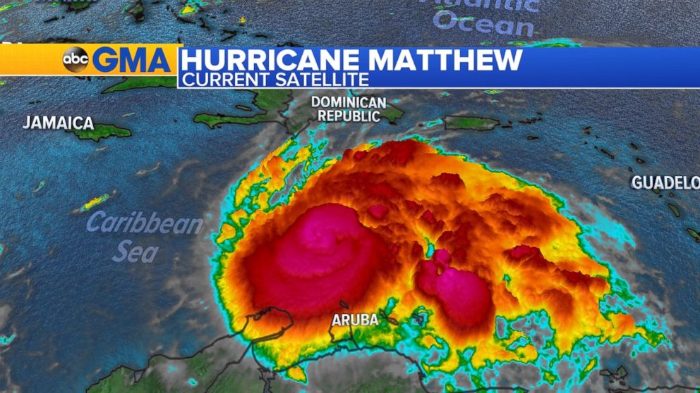 PHOTO: Satellite of hurricane Matthew moving through the Caribbean Sea on Friday morning, Sept. 30, 2016.