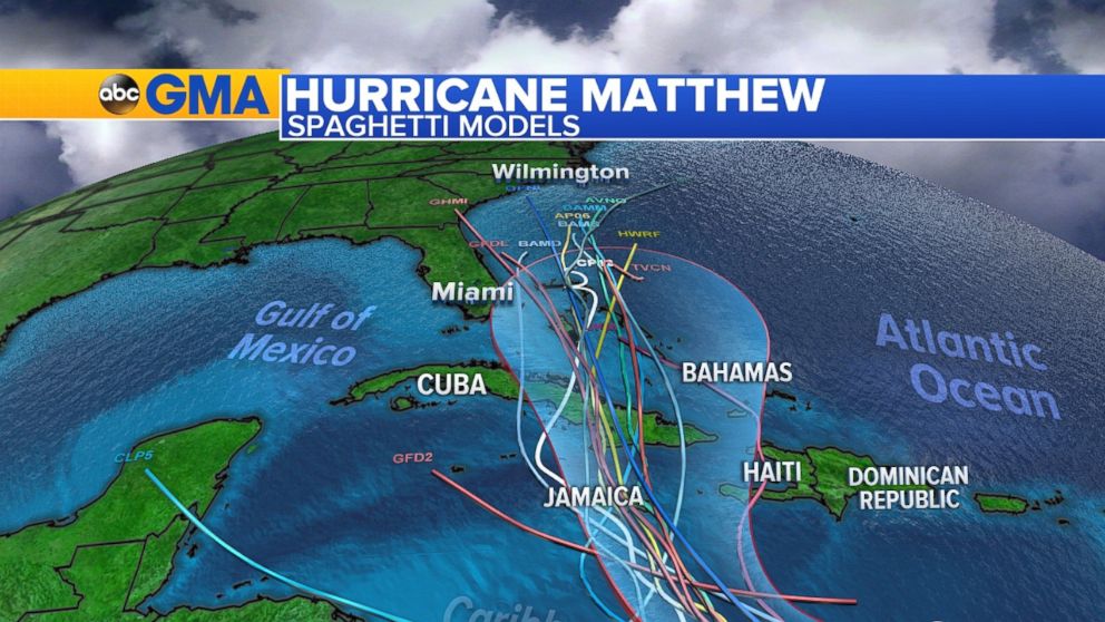 PHOTO: An overlay of spaghetti models with National Hurricane Center's forecast track of Matthew. Showing most of the models keeping Mathew east of Florida by early next week.