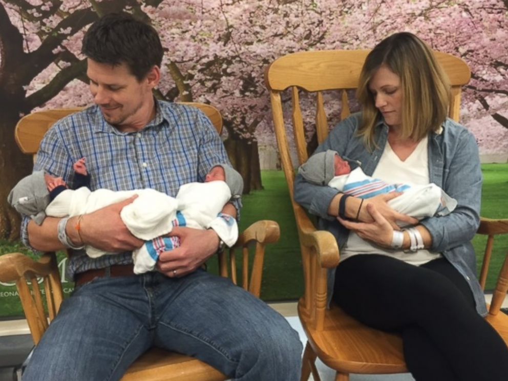 PHOTO: New parents Kristen and Tom already have their hands full with their incredibly rare identical triplets, Trip, Finn, and Ollie.