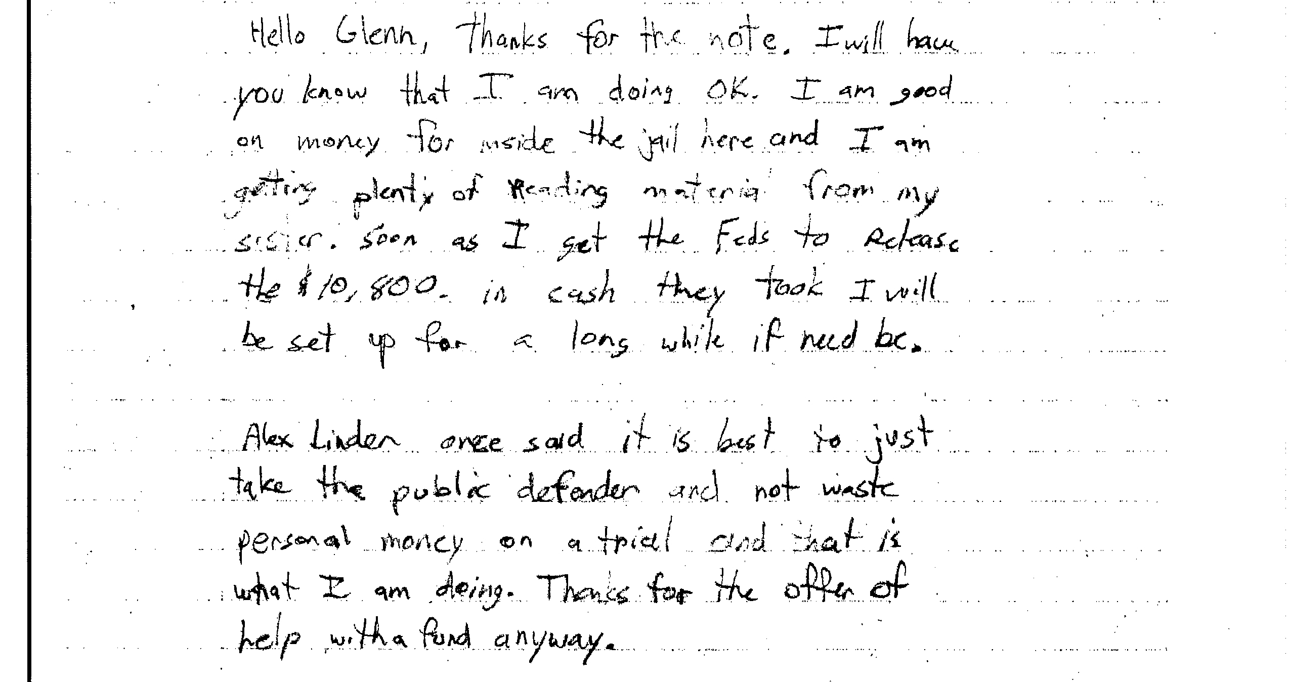 PHOTO: A letter Kevin Harpham sent Frazier Glenn Miller in response.