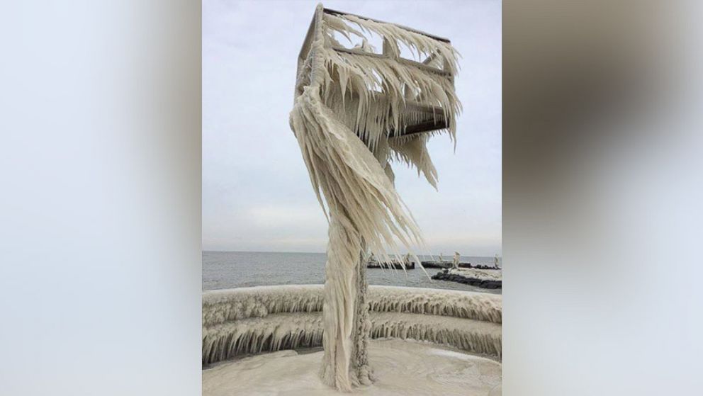 Ice formed on a light pole, along the banks of Lake Erie, in this undated photo.