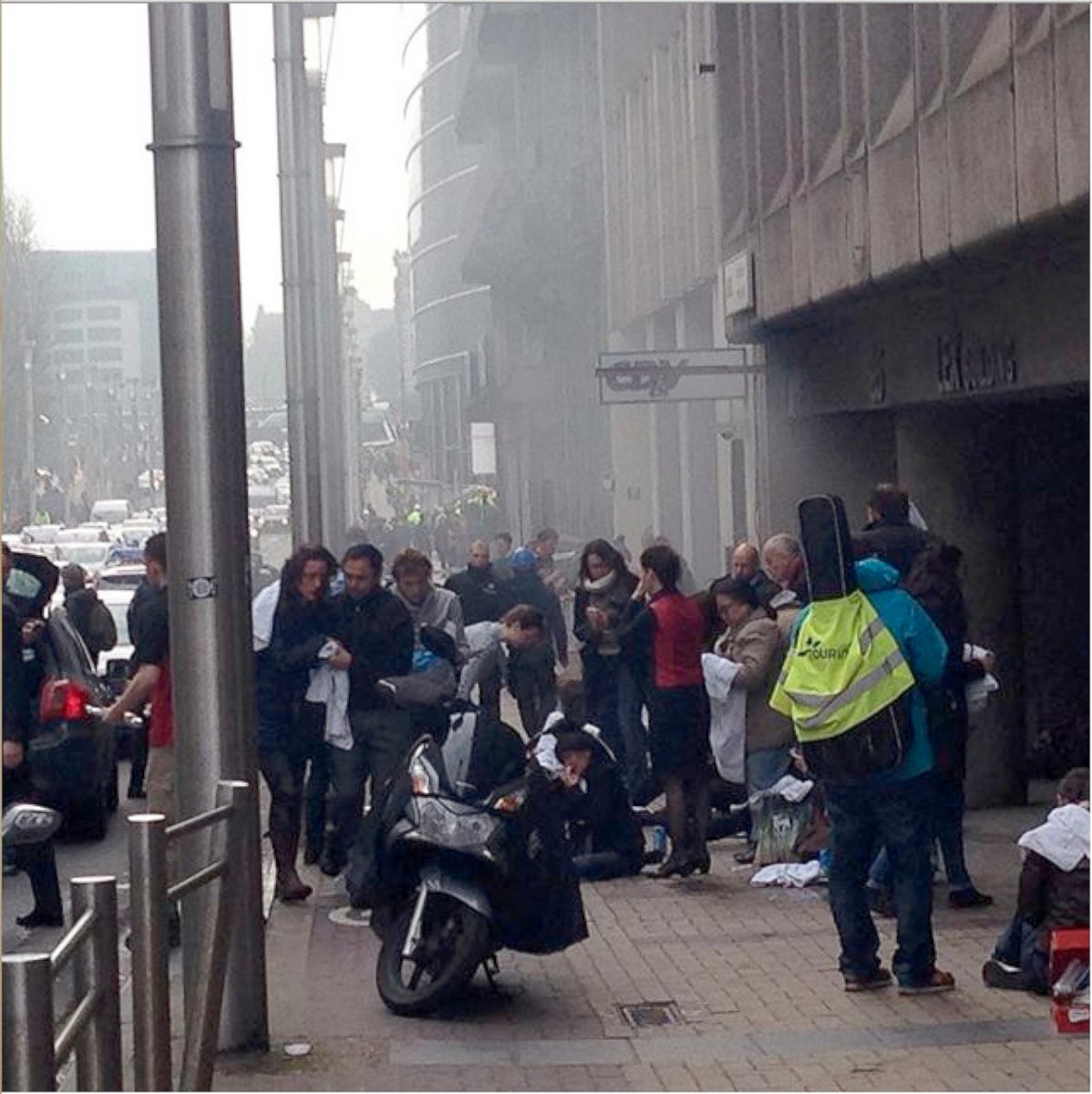 PHOTO: In a photo posted on Instagram, victims of the explosion inside the Maalbeek metro station wait above ground for medical treatment, March 22, 2016.