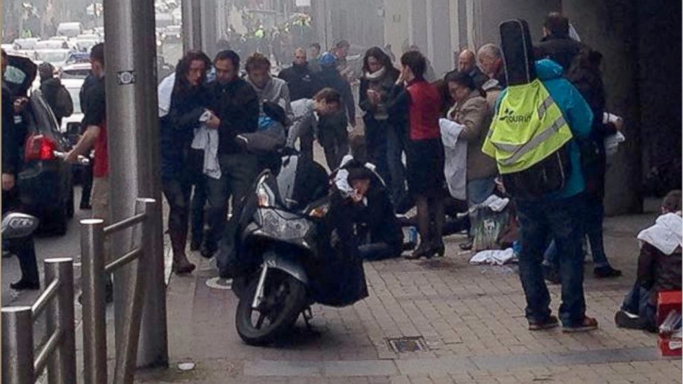 PHOTO: In a photo posted on Instagram, victims of the explosion inside the Maalbeek metro station wait above ground for medical treatment, March 22, 2016.