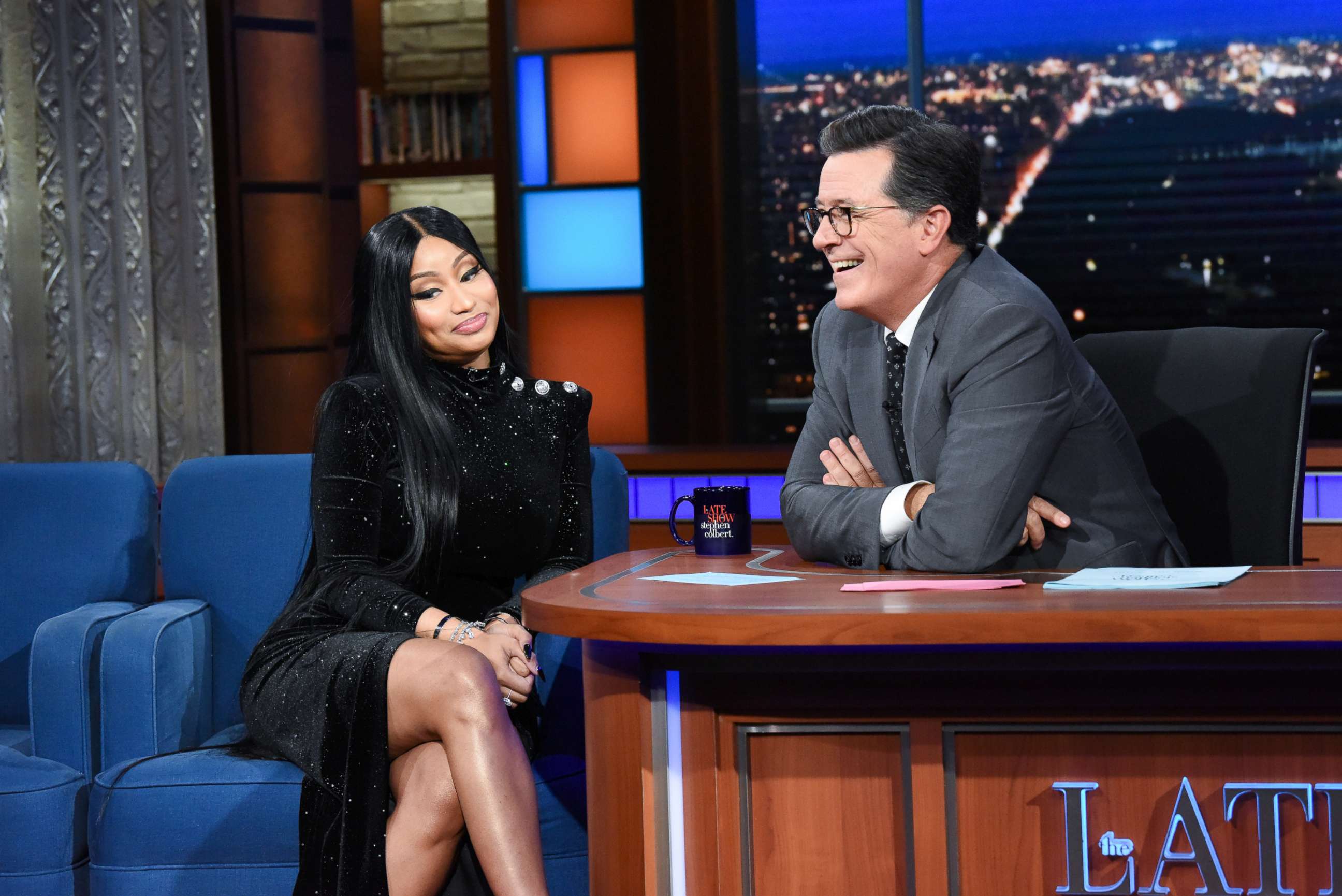 PHOTO: Stephen Colbert asked Nicki Minaj to freestyle a rap verse about him on Monday.
