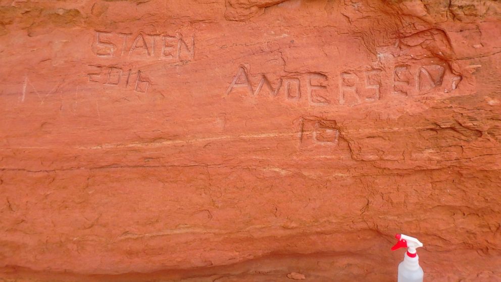 The Frame Arch in the Arches National Park in Utah was vandalized with etchings of names into the rock formation. Staff at the park discovered the graffiti on April 15, 2016.
