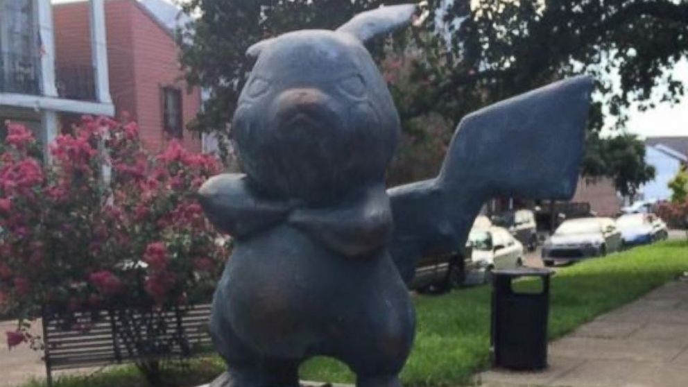 PHOTO: A fiberglass statue of Pikachu was mysteriously erected in a New Orleans park July 31, 2016. 