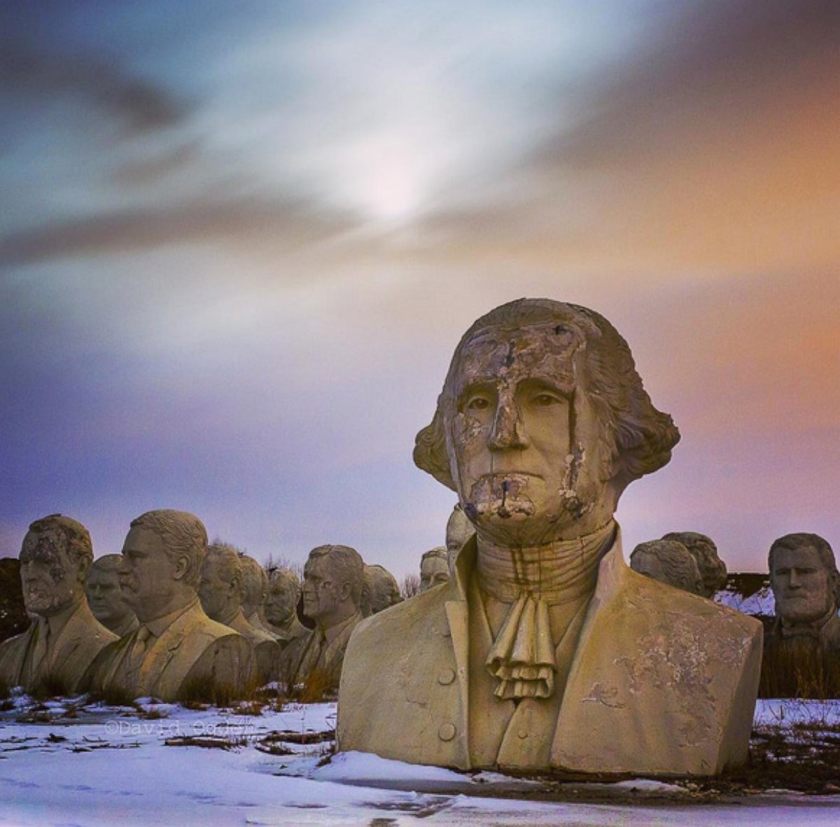 PHOTO: Stone busts of former U.S. Presidents sit in a field near Williamsburg, Virginia. The 20-foot-tall heads were saved from a nearby presidential museum when it closed in 2010.