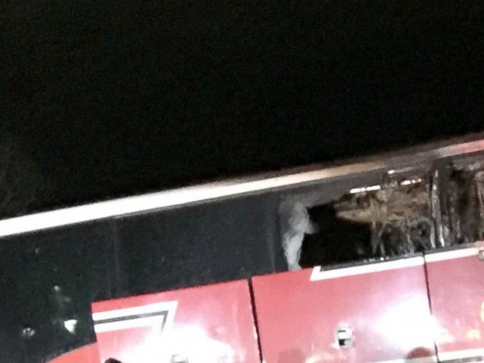 PHOTO: A wheel popped off the bus that was transporting the Wheaton Warrenville South High School show choir, causing a fire and destroying everything on board. 