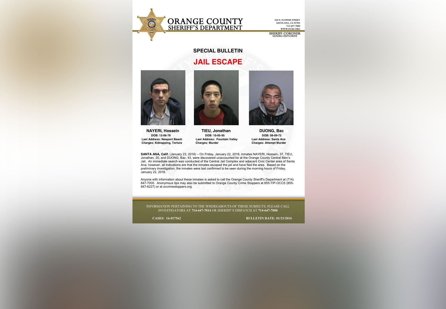 PHOTO: Authorities released this flyer seeking the public's help in apprehending three inmates who allegedly escaped from a Southern California jail.
