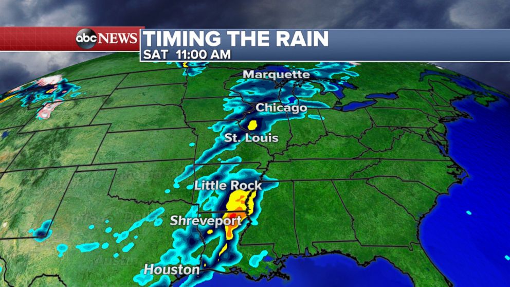 PHOTO: By late Saturday morning, areas of heavy rain and showers will be possible from the Gulf Coast up to the Great Lakes. 
