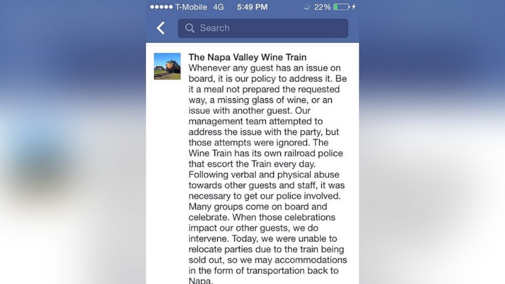 PHOTO: Posting to Facebook's account from the Napa Valley Wine Train, which has since been deleted on Aug. 22, 2015 in St. Helena, Calif.