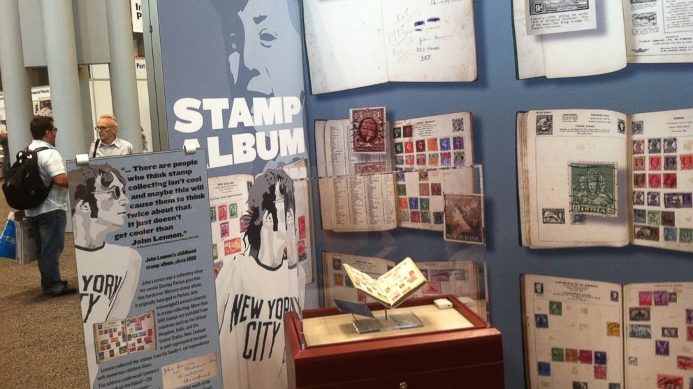 John Lennon's stamp collection from childhood is on display at the World Stamp Show-NY 2016 on May 28, 2016 at New York City's Jacob Javits Convention Center.