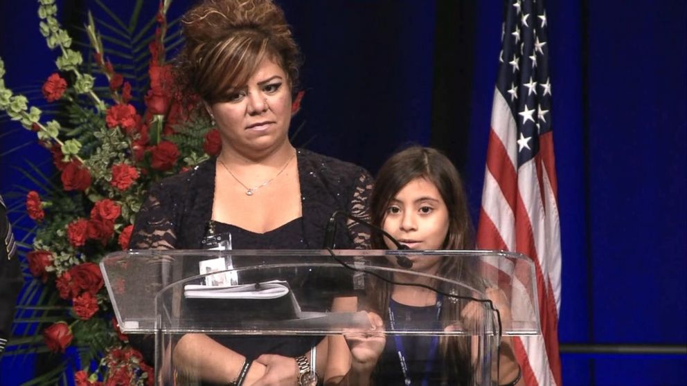 PHOTO: The 8-year-old daughter of slain police officer, Jose "Gil" Vega, spoke at a vigil, on Oct. 18, 2016, in Palm Springs, Calif. 