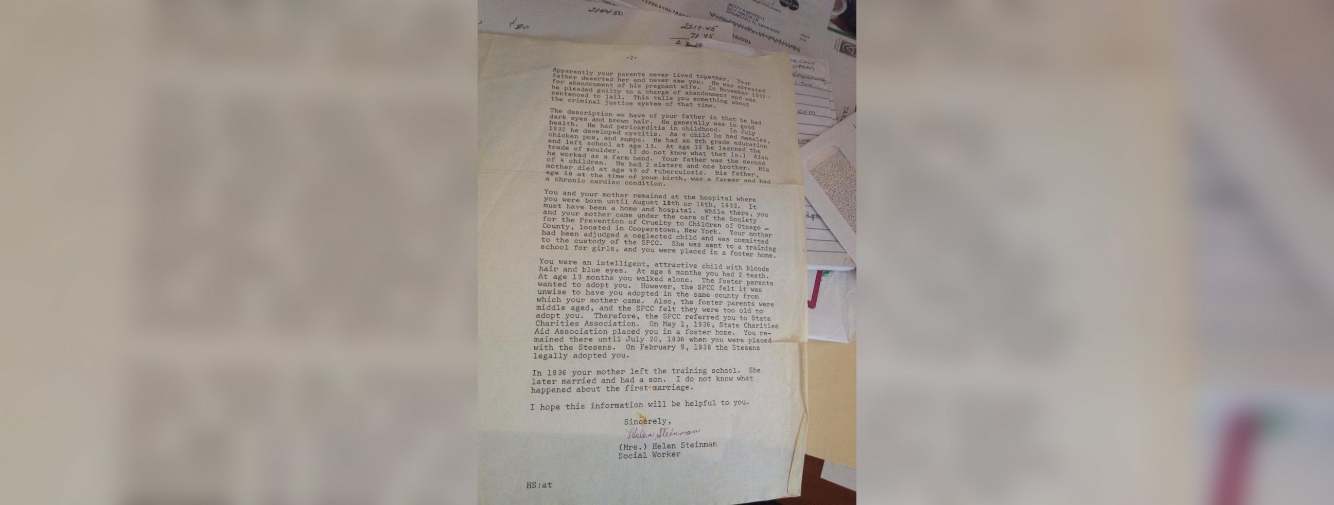 PHOTO: Betty (Eva May) Morrell received a letter from the adoption agency is 1983. Due to New York State laws, the social worker was unable to give any information that would lead Morrell to her biological family.