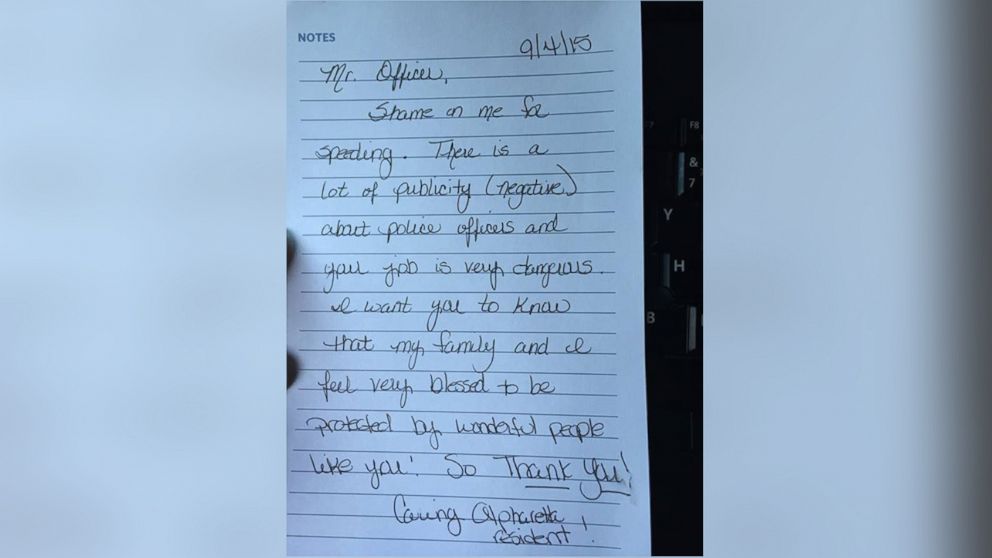 Alpharetta Department of Public Safety posted this image to Facebook on Sept. 4, 2015 with this caption: "Earlier today one of our officer's stopped a young lady due to a traffic violation. Upon receiving a citation the young lady signed it and told the officer, "thank you". As he started to walk off she handed him a note and then drove away without saying anything else. Attached is the note." 