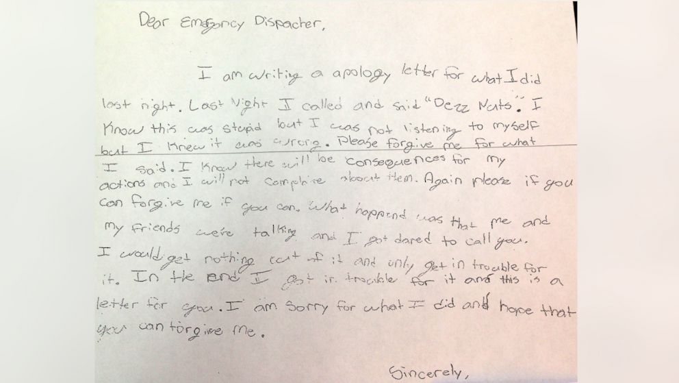 A sixth grade boy in Savannah, Georgia wrote a hand-written apology to the police after he prank called 911.
