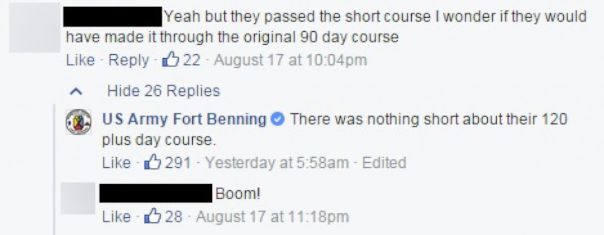 PHOTO: A screenshot taken Wednesday from the official Facebook page of the US Army Fort Benning base shows an unidentified employee of the base responding to a commenter's critique of the two female Ranger graduates. 