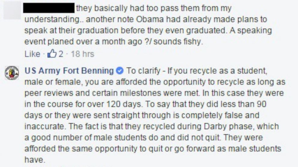 PHOTO: A screenshot taken Wednesday from the official Facebook page of the US Army Fort Benning base shows an unidentified employee correcting the record following a commenter's critique of female Ranger graduates. 