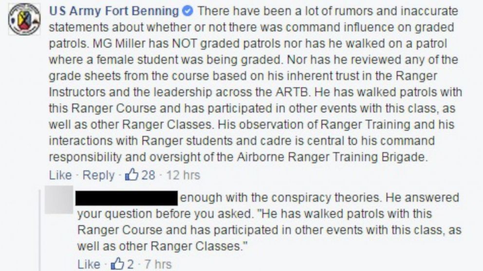 PHOTO: Facebook page of the US Army Fort Benning base shows an unidentified employee addressing the page's commenters looking to correct the record over some inaccurate statements made about the female Ranger graduates. 