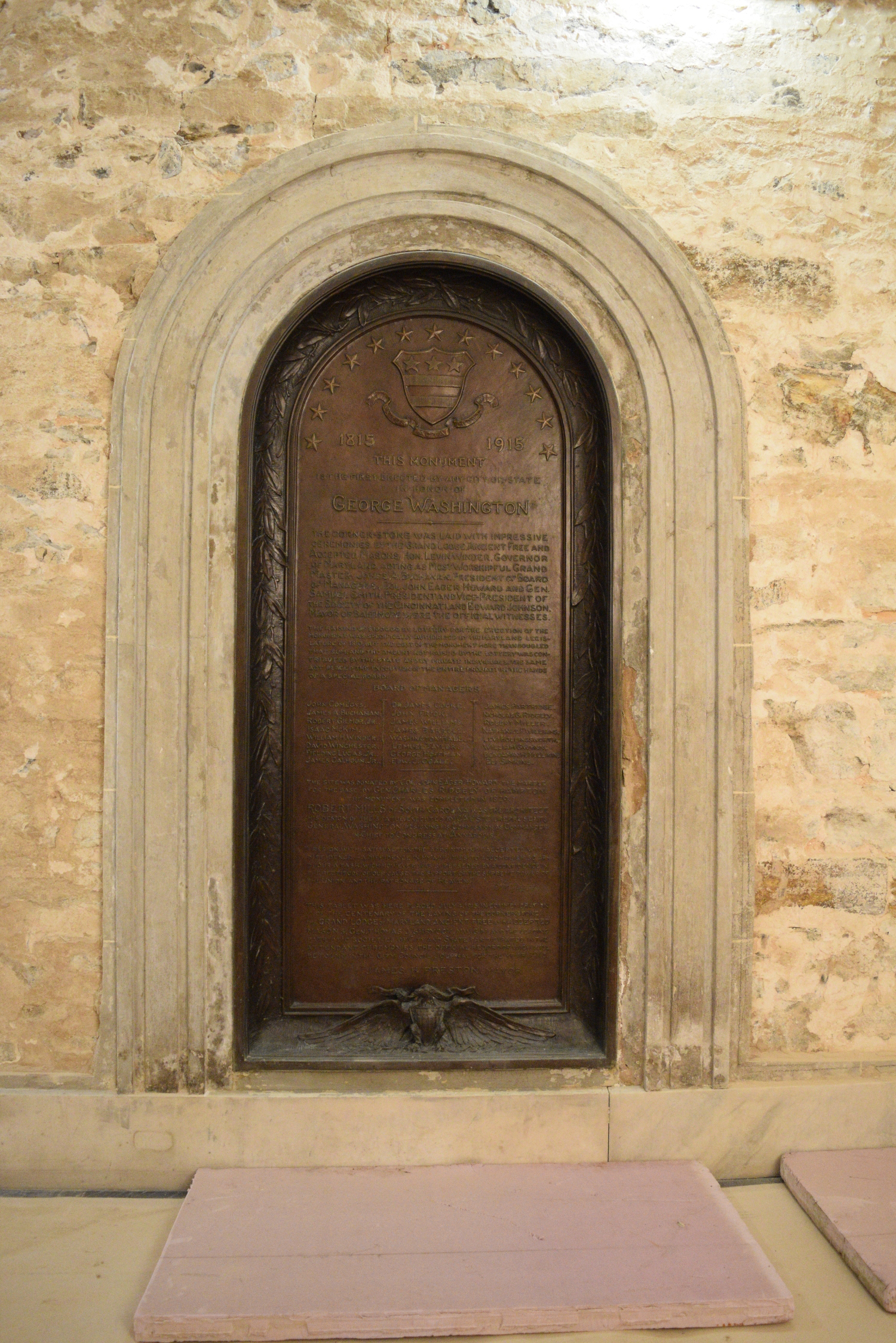 PHOTO: The 1915 Bronze Centennial Plaque inside the Washington Monument in Baltimore.