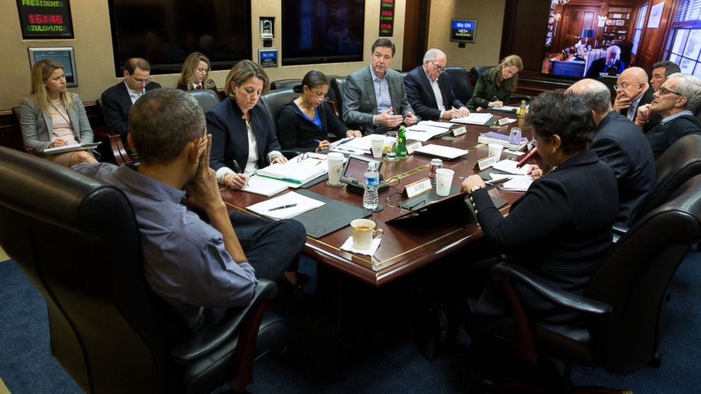President Barack Obama holds a meeting in the Situation Room to discuss the the San Bernardino, Calif., shootings, Dec. 5, 2015. 
