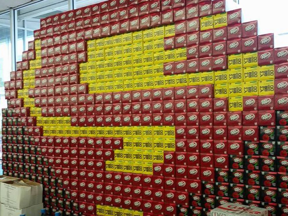 PHOTO: A "Batman v Superman: Dawn of Justice"-themed window display made from 12-pack boxes of soda is pictured here at Orange Street Food Farm in Missoula, Montana. 