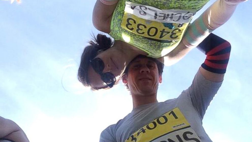 PHOTO: Dennis Crowley, CEO of Foursquare, tweeted this photo of himself with his wife, Chelsa Crowley, before the Boston Marathon, April 21, 2014.