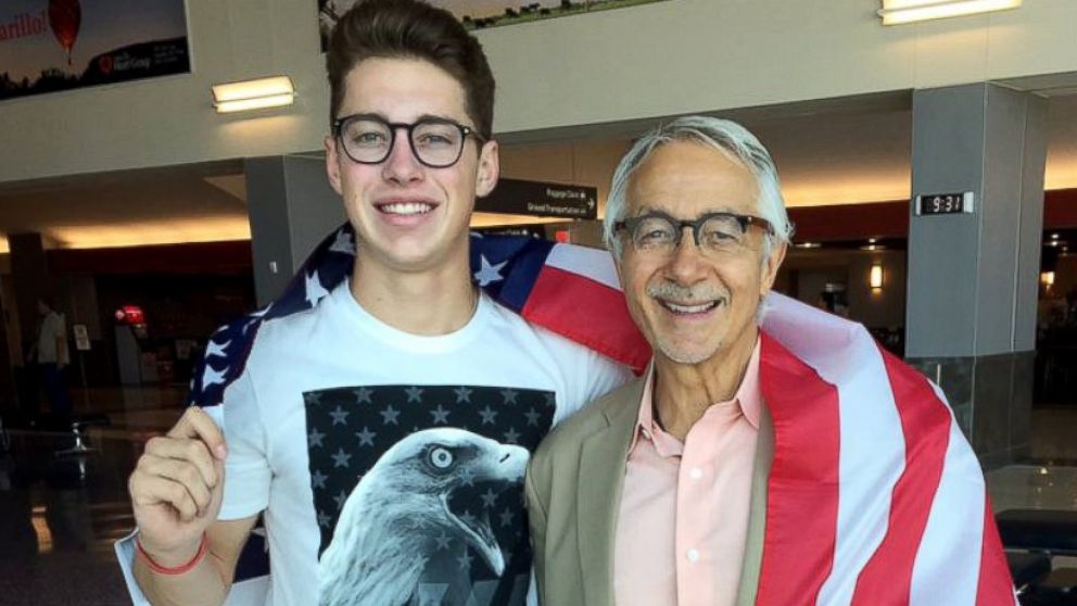 PHOTO: Britton Barker, 19, is pictured with his grandfather Wayne McEntire, 68, at the Rick Husband Amarillo International Airport on Aug. 6 before heading to Rio de Janeiro. 