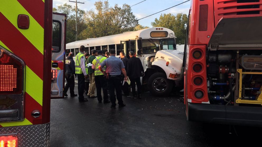Dozens of children were injured after a charter bus carrying school children crashed into a metro bus in Washington, Oct. 27, 2016. 