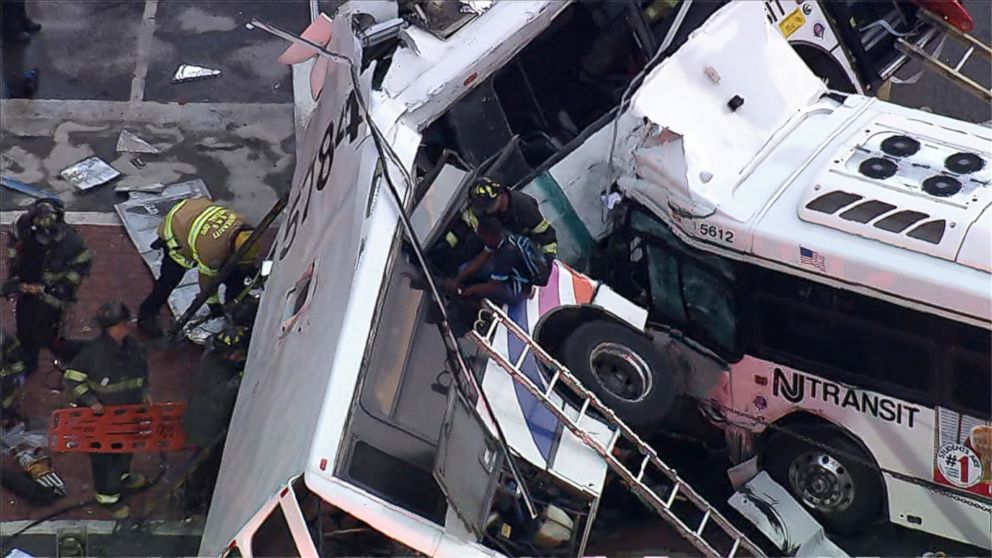 PHOTO: Officials said two buses collided near an intersection in downtown Newark, New Jersey, Aug. 19, 2016.