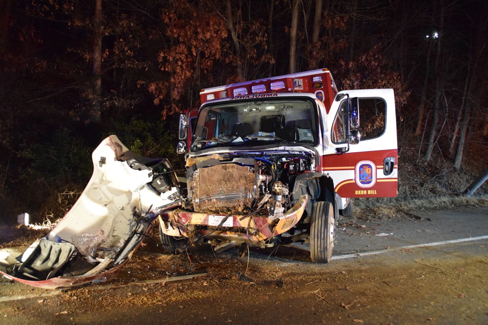 PHOTO:An ambulance was severely damaged in a crash on the Capital Beltway in Prince George County, Maryland, on Jan. 18, 2016, after being sideswiped by a civilian car, according to officials.  