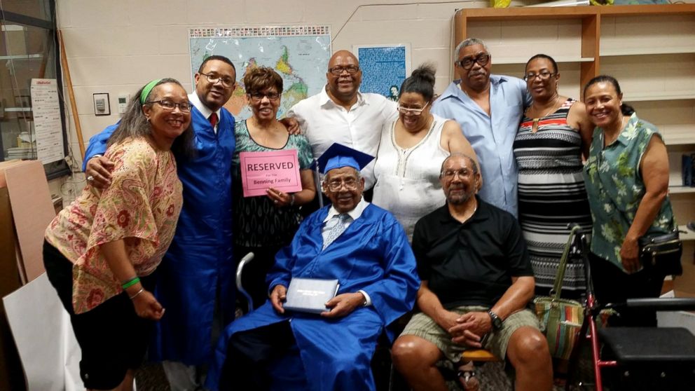PHOTO: Charles Benning, a 92-year-old World War II veteran, center left, will receive his high school diploma at Yellow Springs High School in Ohio on May 28, 2015.