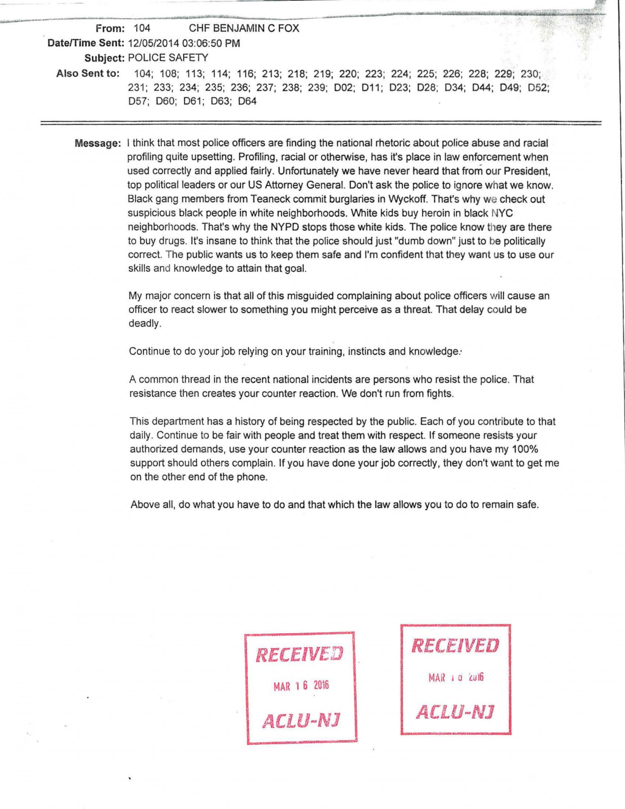 PHOTO: In an excerpt seen here, The ACLU of New Jersey asked the state AG to investigate Wyckoff Police Department Chief Benjamin Fox after it released an email he allegedly wrote defending racial profiling.