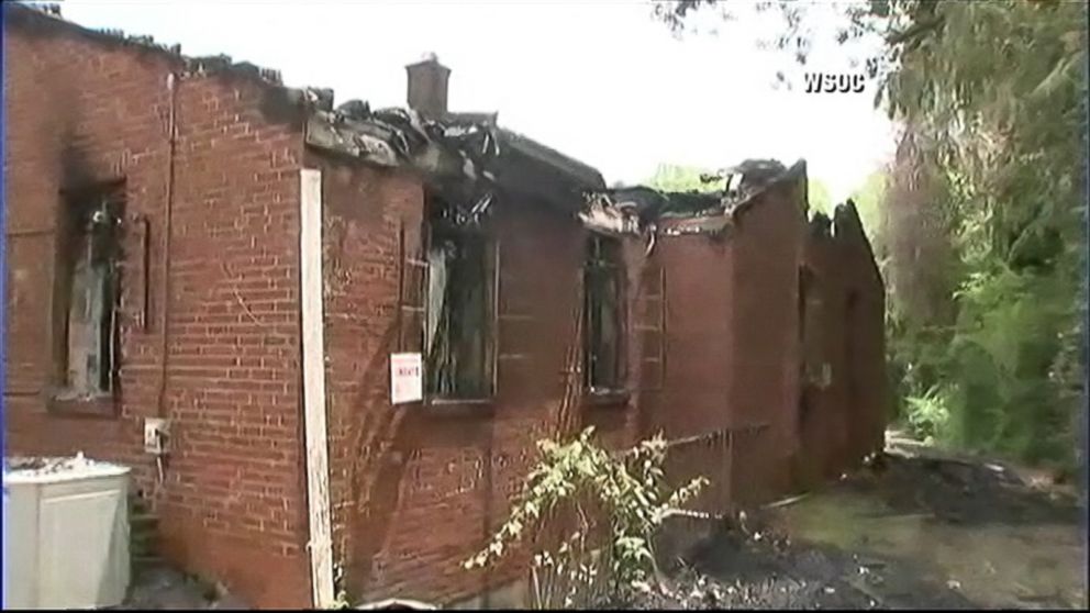 PHOTO: A section of Briar Creek Road Baptist Church is seen in this photo destroyed by a fire, June 24, 2015, in Charlotte, N.C.