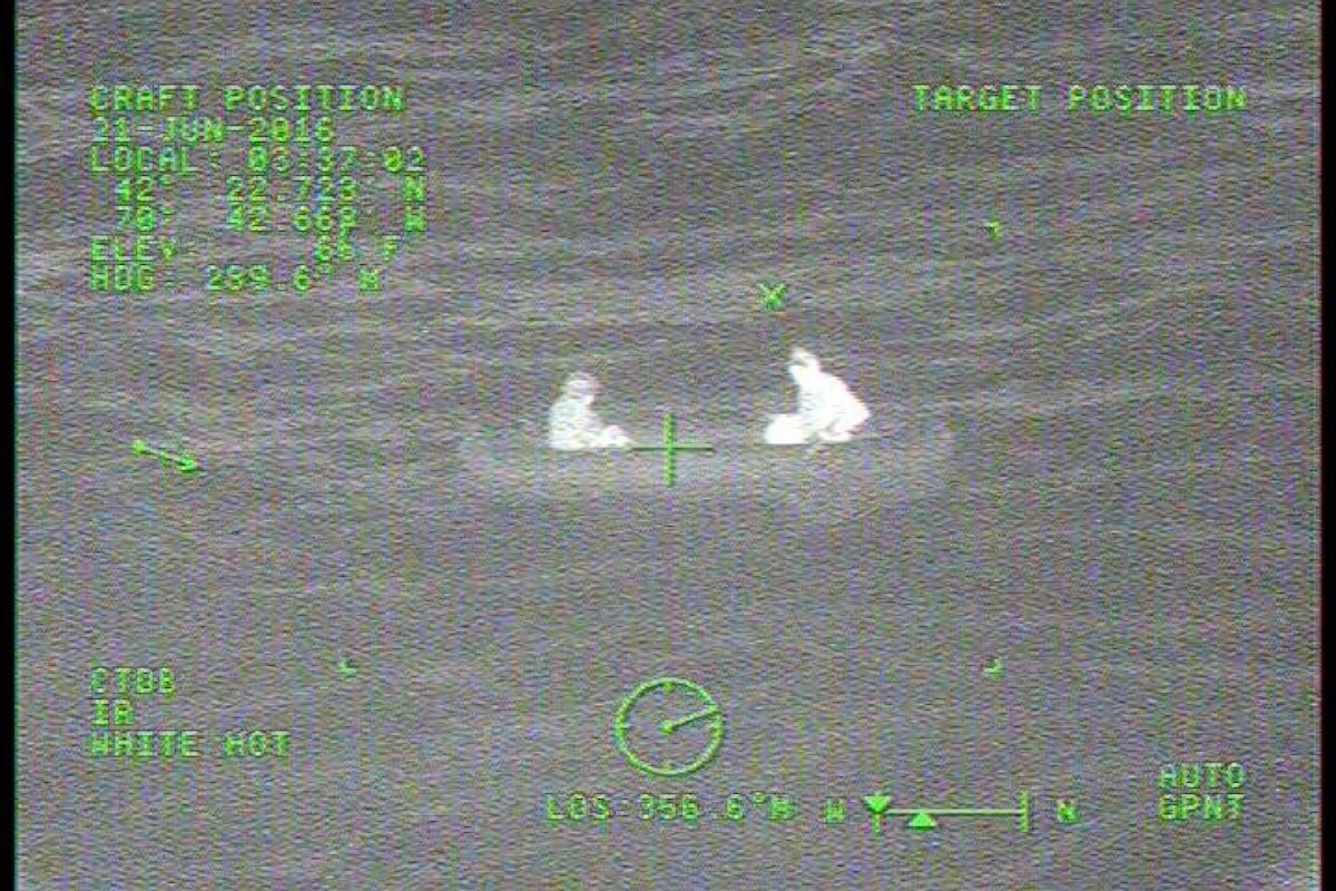 PHOTO: A couple in a raft off the coast of Cohasset, Massachusetts, was rescued by the U.S. Coast Guard early in the morning on June 21, 2016. 