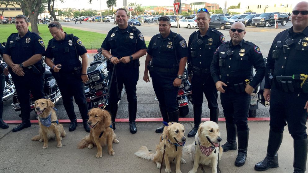 PHOTO: Comfort dogs Ruthie, Luther, Phoebe and Pax pose with members of the Dallas Police Department. 