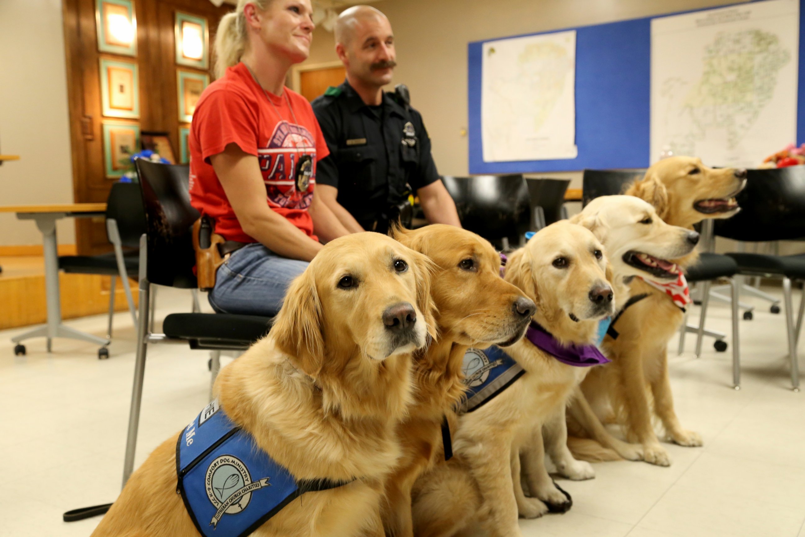PHOTO: Comfort dogs from the Lutheran Church Charities in Illinois pose with a member of the Dallas Police Department. 