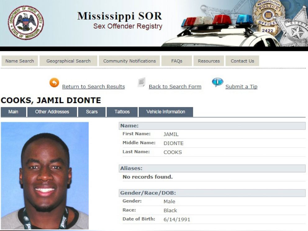 PHOTO: College football player Jamil Cooks pictured here on Mississippi's Sex Offender Registry.